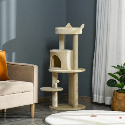 Pawhut 104Cm Cat Tree Condo Tower With Scratching Post Perch BallCream from B&Q