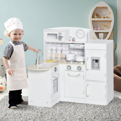 Bobobiy White Kids Play Kitchen Wooden Toy Kitchen Cooking Set For Children With Drinking Fountain, Microwave, And Fridge - Image 7