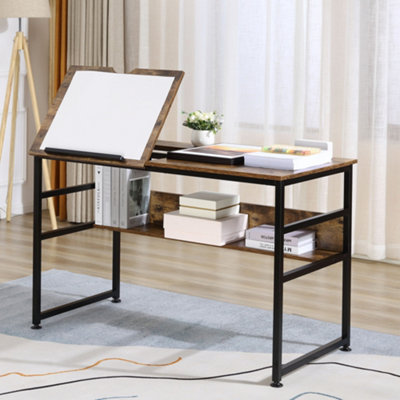 HOMCOM Tiltable Drafting Table Home Office Computer Desk with Open Shelf in Brown - Image 7