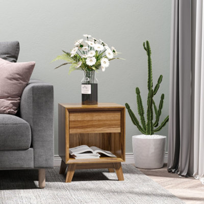 Rackhams Brown Modern Bedside Table Nightstand, Living Room End Table, Side Table With Drawer And Shelf, Walnut - Walnut - Image 9
