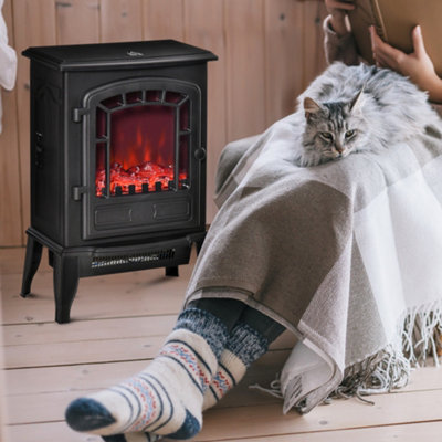 B&Q -  Freestanding Electric Fireplace Heater W/ Realistic Flame Effect Black