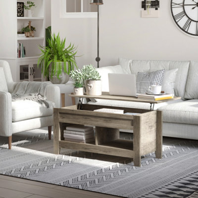 HOMCOM Lift Top Coffee Table - Oak Effect - Hidden Storage - 2 Shelves - 105L x 50W cm - Image 10