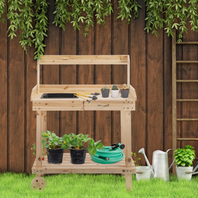 Rackhams Garden Potting Bench Table, Wooden Work Station, Outdoor Planting Workbench With 2 Wheels, Sink, Drawer & Large Storage Spaces, 92X45x119cm - Natural Wood Finish - Image 7