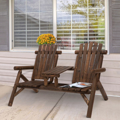 Outsunny Wood Patio Bench 2 Seats W/ Centre Coffee TableCarbonized