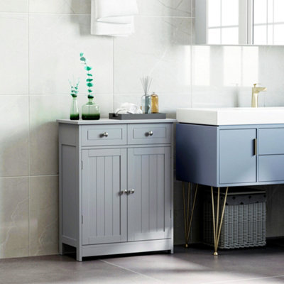 Kleankin Grey/White Bathroom Floor Storage Cabinet W/ 2 Drawers Door Cupboard - Image 6