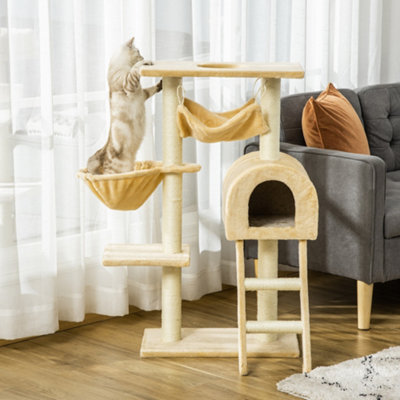 PAWHUT Cat Tree Tower Kitten Activity Centre Scratching Post with Hammock House in Beige - Image 7