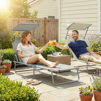Outsunny Folding Chair Sun Lounger W/ Sunshade Garden Recliner Hammock Grey