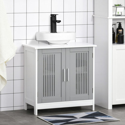 Kleankin Grey Bathroom Pedestal Under Sink Cabinet With Storage Shelf, 2 Doors, - Image 6