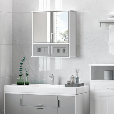 Kleankin Bathroom Mirror Cabinet Wall Mount Storage Unit Double Doors, Grey