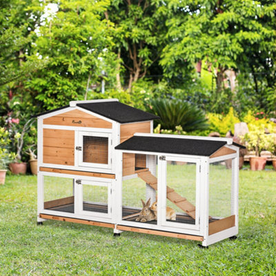 Pawhut Wooden Rabbit Hutch Guinea Pig Cage W/ Wheels, Run, Ramp, Yellow