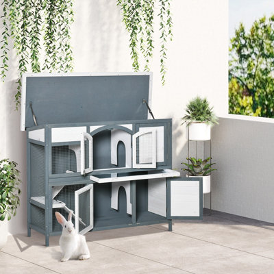Pawhut Two-Tier Wooden Rabbit Hutch W/ Openable Roof, Slide-Out Tray, Ramp