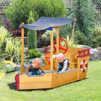 Outsunny Kids Wooden Sand Pit Sandbox Pirate Sandboat Outdoor W/ Canopy Shade from B&Q