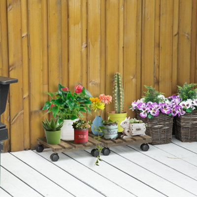 Outsunny 2 Pack Plant Caddy With WheelsSquare Wooden Plant Pot Trolley from B&Q