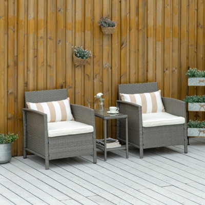B&Q -  3 Pc Outdoor Rattan Sofa Set W/ Chairs Coffee Table Cushion Light Grey