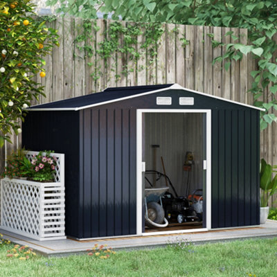 Outsunny 9 X 6Ft Galvanised Garden Storage Shed With Sliding Door, Dark Grey