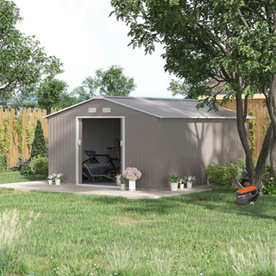 Outsunny 13 X 11Ft Garden Shed Storage With Foundation Kit & Vents Light Grey