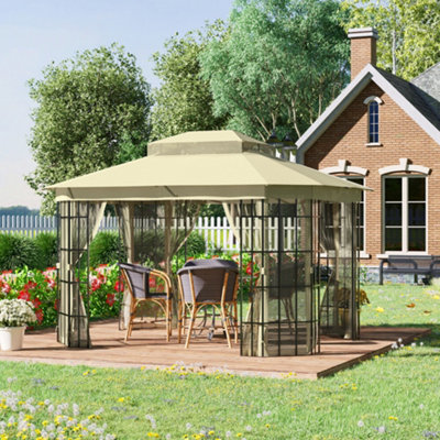 Outsunny 3.7 X 3(M) Patio Gazebo Garden Shelter W/ Mosquito Netting, Beige