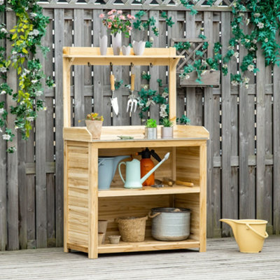 Outsunny Unisex Natural Potting Bench Table Workstation W/ Galvanized Tabletop, Storage Shelf In - Image 6