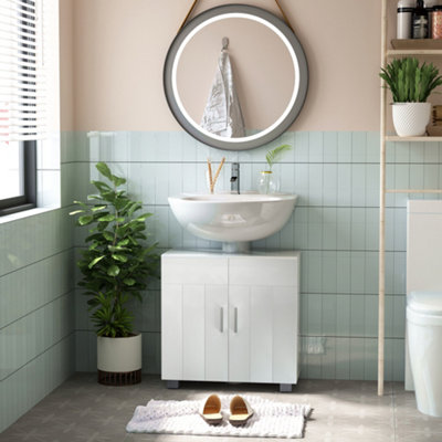 Kleankin White Bathroom Pedestal Under Sink Cabinet With Adjustable Shelf,