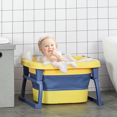 Homcom Foldable Baby Bathtub For Newborns Infants Toddlers W/ Stool - Yellow - Image 3