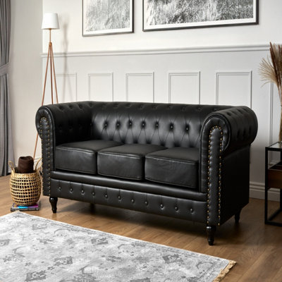 Bravich 3 Seater Bonded Leather Chesterfield Sofa - Black