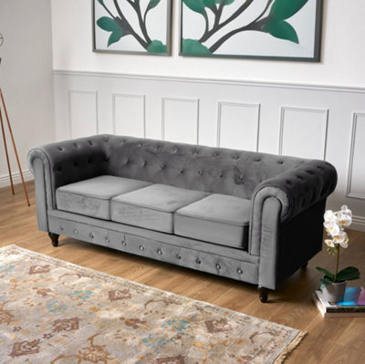 Bravich Chesterfield Velvet Upholstery Button-Tufted 3-Seater Sofa from B&Q