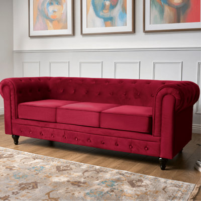 Bravich 3 Seater Chesterfield Sofa - Velvet Wine Red