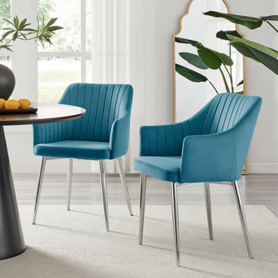 Furniturebox Set Of 2 Calla Deep Padded High Arm Soft Touch Stitched Velvet Chrome Leg Dining Chairs Blue/Silver