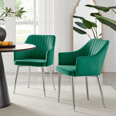 Furniturebox Set Of 2 Calla Deep Padded High Arm Soft Touch Stitched Velvet Chrome Leg Dining Chairs Green/Silver