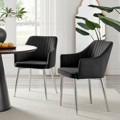 Furniturebox Set Of 2 Calla Deep Padded High Arm Soft Touch Stitched Velvet Chrome Leg Dining Chairs Black/Silver