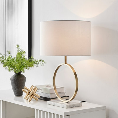B&Q -  Saffron Gold Chrome Halo Table Lamp With White Marble Base And White Light Shade Including A Rated Energy Efficient Led Bulb