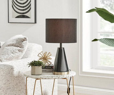 B&Q -  Zoe Matte Black Conical Table Lamp With Gold Chrome Base And Black Fabric Light Shade Including A Rated Energy Efficient Led Bulb