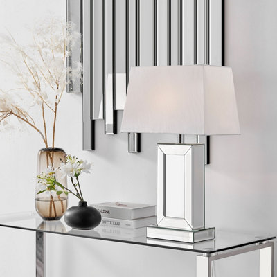 B&Q -  Talia Tall Contemproary Mirrored Glass Table Lamp With A White Fabric Light Shade Including A Rated Energy Efficient Led Bulb