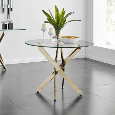 Furniturebox Novara Round Tempered Glass Dining Table 2 4 Seater With Angled Starburst Chrome Metal Legs For Modern Glam Dining Room Gold