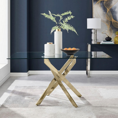 Furniturebox Leonardo 6 Seater Rectangular Glass Dining Table With Gold Chrome Metal Angled Starburst Legs For Modern Dining Rooms from B&Q