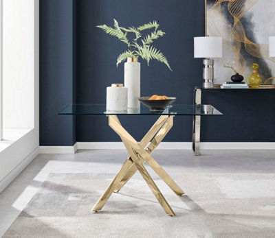 Furniturebox Leonardo 4 Seater Rectangular Glass Dining Table With Gold Chrome Metal Angled Starburst Legs For Modern Dining Rooms from B&Q