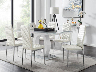 Furniturebox Giovani Rectangular 6 Seat High Gloss Unique Halo Dining Table Glass Top 6 Faux Leather Silver Leg Milan Chairs White/Grey