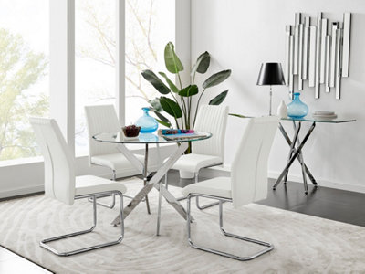 Furniturebox White Novara Clear Tempered Glass Round Dining Table With Chrome Starburst Legs & 4 Lorenzo Faux Leather Chairs 100Cm