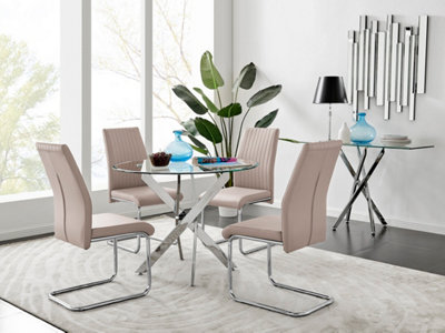 Furniturebox Novara Tempered Glass 100Cm Round Dining Table With Chrome Starburst Legs & 4 Grey Lorenzo Faux Leather Chairs from B&Q