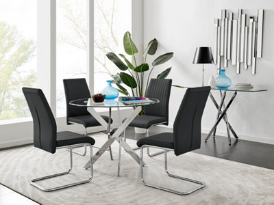 Furniturebox Novara Clear Tempered Glass 100Cm Round Dining Table With Chrome Starburst Legs & 4 Lorenzo Faux Leather Chairs Black