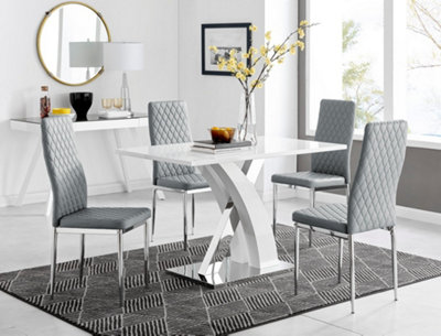 Furniturebox Atlanta High Gloss And Chrome 4 Seater Dining Table With Statement X Shaped Legs And 4 Faux Leather Milan Chairs White/Grey