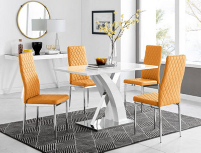 Furniturebox Atlanta High Gloss And Chrome 4 Seater Dining Table With Statement X Shaped Legs And 4 Mustard Faux Leather Milan Chairs White