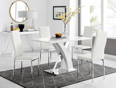 Furniturebox Atlanta High Gloss And Chrome 4 Seater Dining Table With Statement X Shaped Legs And 4 Faux Leather Milan Chairs White