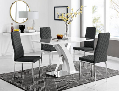 Furniturebox Atlanta High Gloss And Chrome 4 Seater Dining Table With Statement X Shaped Legs And 4 Faux Leather Milan Chairs White/Black