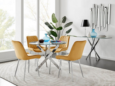 Furniturebox Uk Novara Chrome Metal Round Glass Dining Table And 4 Mustard Pesaro Leg Chairs Silver