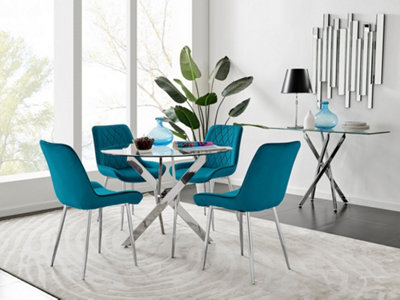 Furniturebox Uk Novara Chrome Metal Round Glass Dining Table And 4 Blue Pesaro Silver Leg Chairs from B&Q