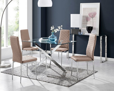 Furniturebox Leonardo 4 Seat Rectangular Glass Dining Table With Metal Legs & 4 Milan Faux Leather Leg Chairs Silver/Beige