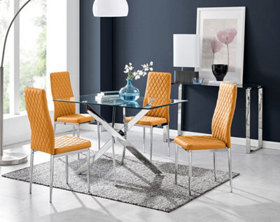 Furniturebox Leonardo 4 Seat Rectangular Glass Dining Table With Metal Leg & 4 Mustard Milan Faux Leather Leg Chairs Silver