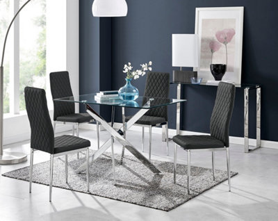 Furniturebox Leonardo 4 Seat Rectangular Glass Dining Table With Metal Legs & 4 Milan Faux Leather Leg Chairs Silver/Black