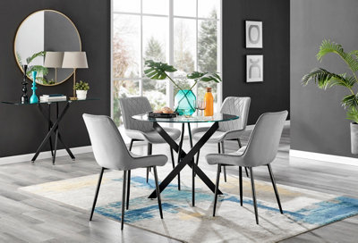 Furniturebox Novara Clear Tempered Glass 100Cm Round Dining Table With Black Starburst Legs & 4 Grey Pesaro Soft Velvet Chairs from B&Q